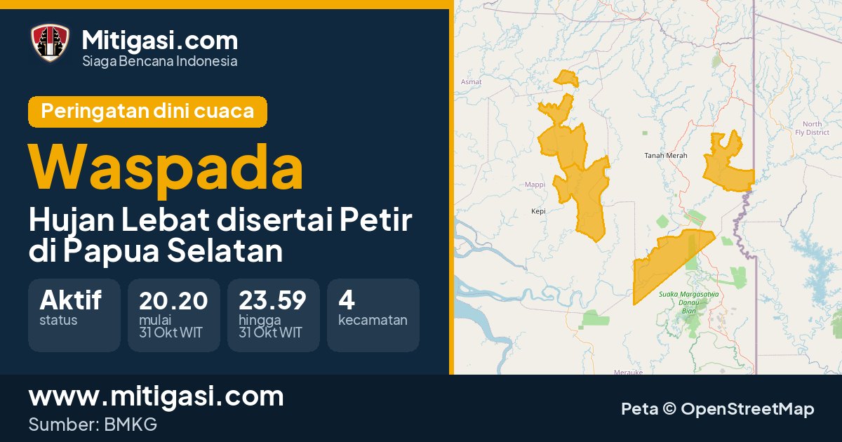 Peringatan dini cuaca BMKG tingkat Waspada di Papua Selatan. (Mitigasi.com/data BMKG)