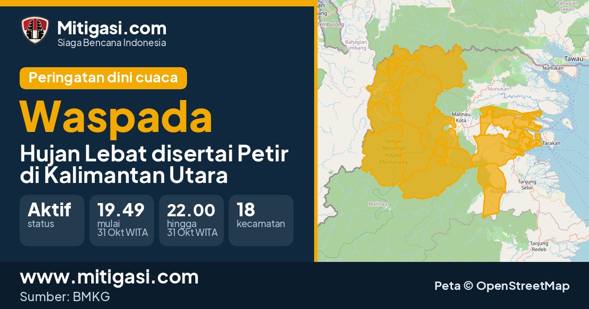 Peringatan dini cuaca BMKG tingkat Waspada di Kalimantan Utara. (Mitigasi.com/data BMKG)