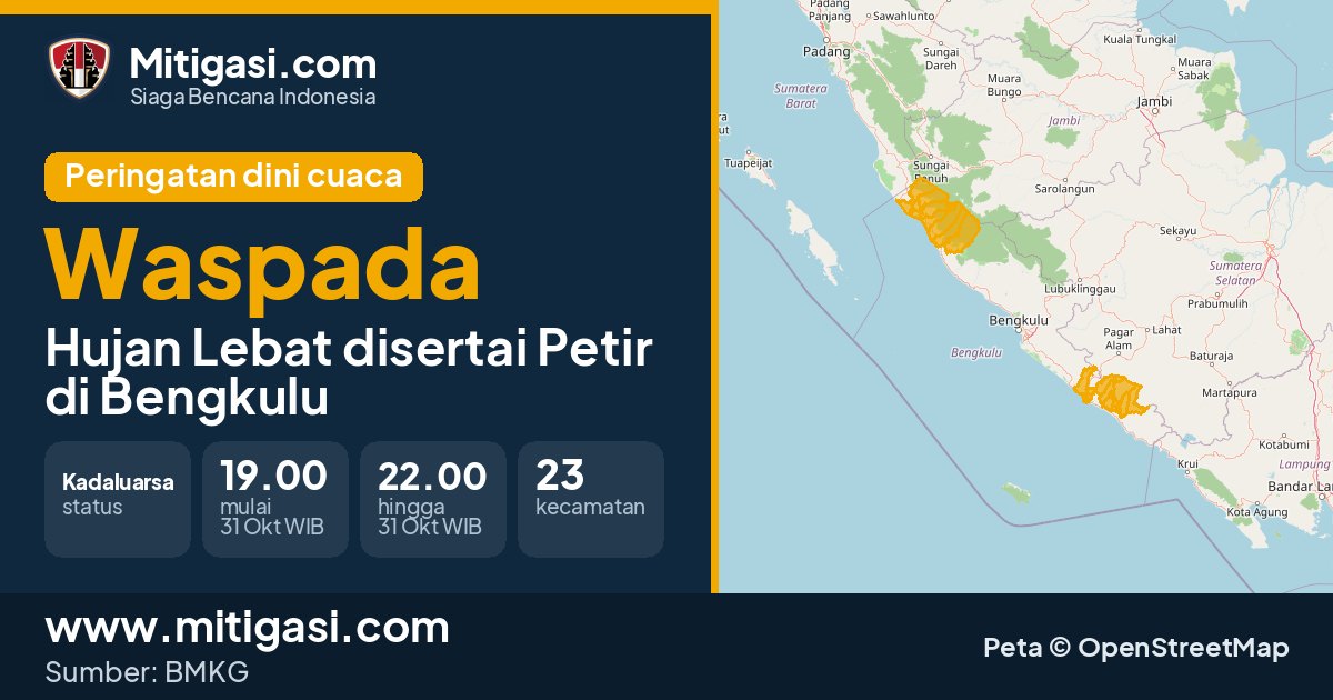 Peringatan dini cuaca BMKG tingkat Waspada di Bengkulu. (Mitigasi.com/data BMKG)