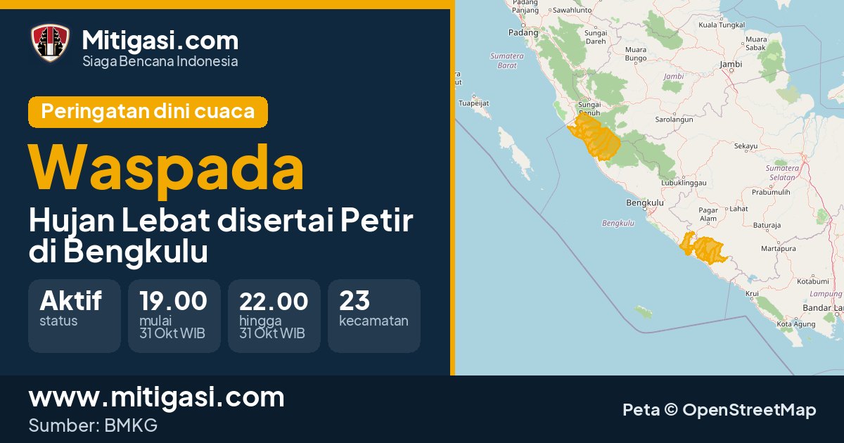 Peringatan dini cuaca BMKG tingkat Waspada di Bengkulu. (Mitigasi.com/data BMKG)