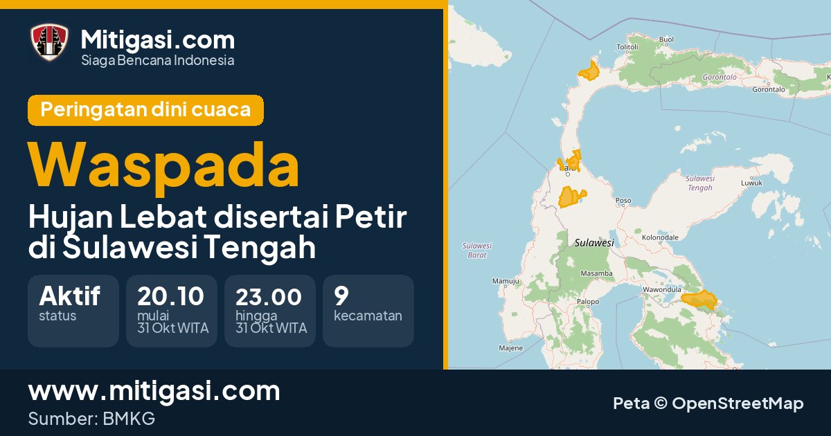 Peringatan dini cuaca BMKG tingkat Waspada di Sulawesi Tengah. (Mitigasi.com/data BMKG)