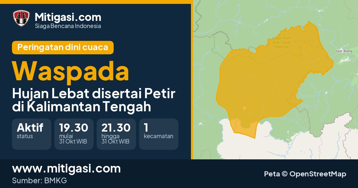 Peringatan dini cuaca BMKG tingkat Waspada di Kalimantan Tengah. (Mitigasi.com/data BMKG)