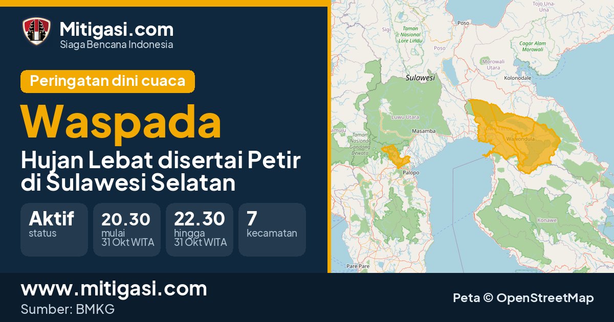 Peringatan dini cuaca BMKG tingkat Waspada di Sulawesi Selatan. (Mitigasi.com/data BMKG)