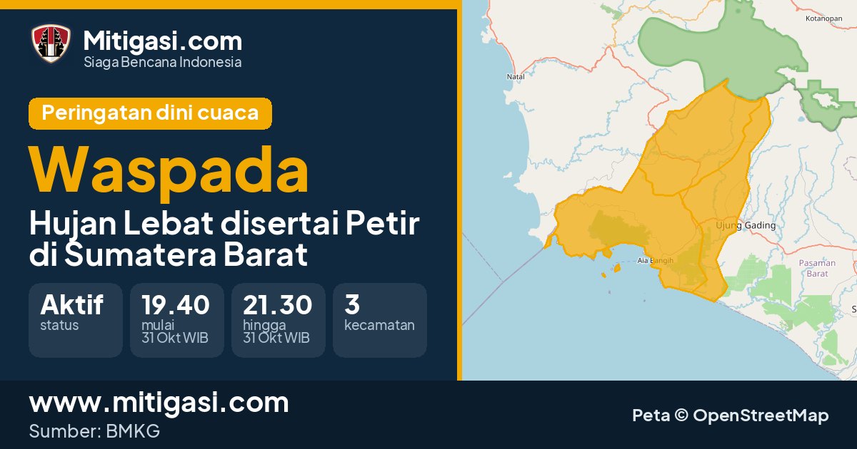 Peringatan dini cuaca BMKG tingkat Waspada di Sumatera Barat. (Mitigasi.com/data BMKG)