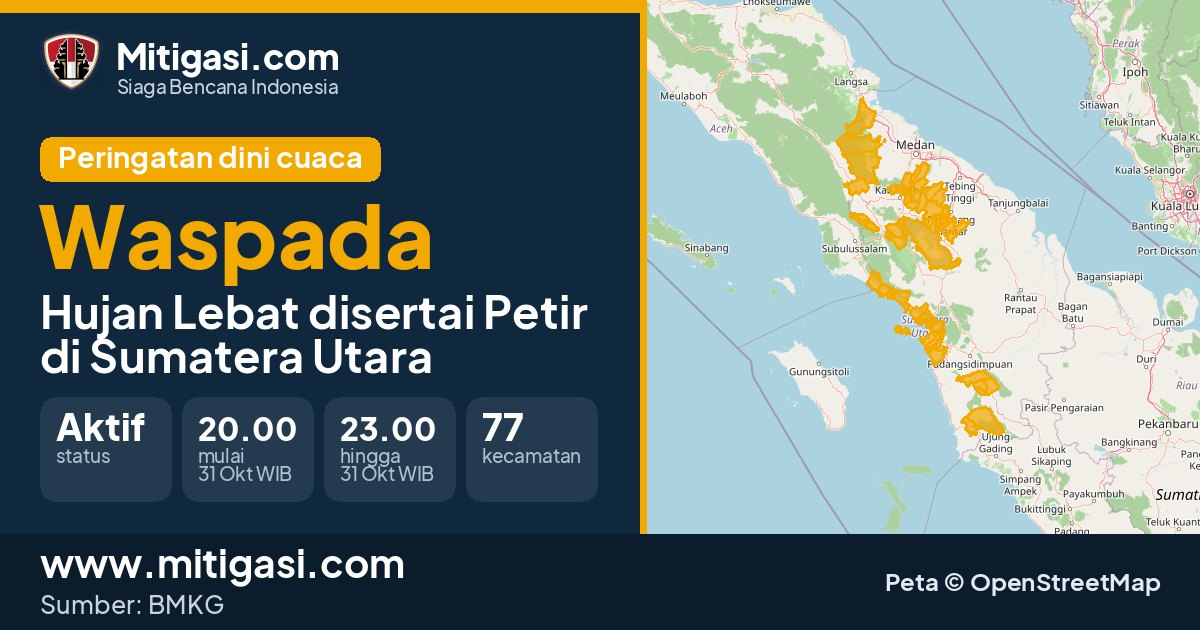 Peringatan dini cuaca BMKG tingkat Waspada di Sumatera Utara. (Mitigasi.com/data BMKG)