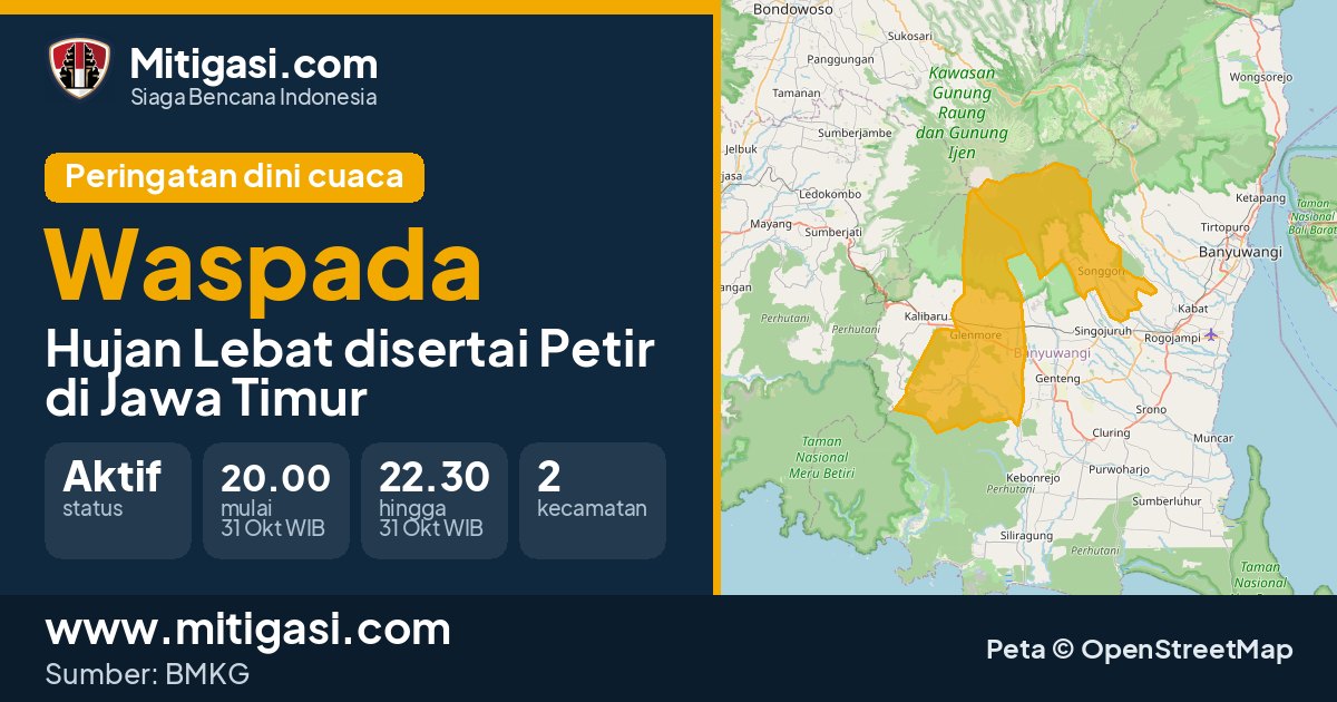 Peringatan dini cuaca BMKG tingkat Waspada di Jawa Timur. (Mitigasi.com/data BMKG)