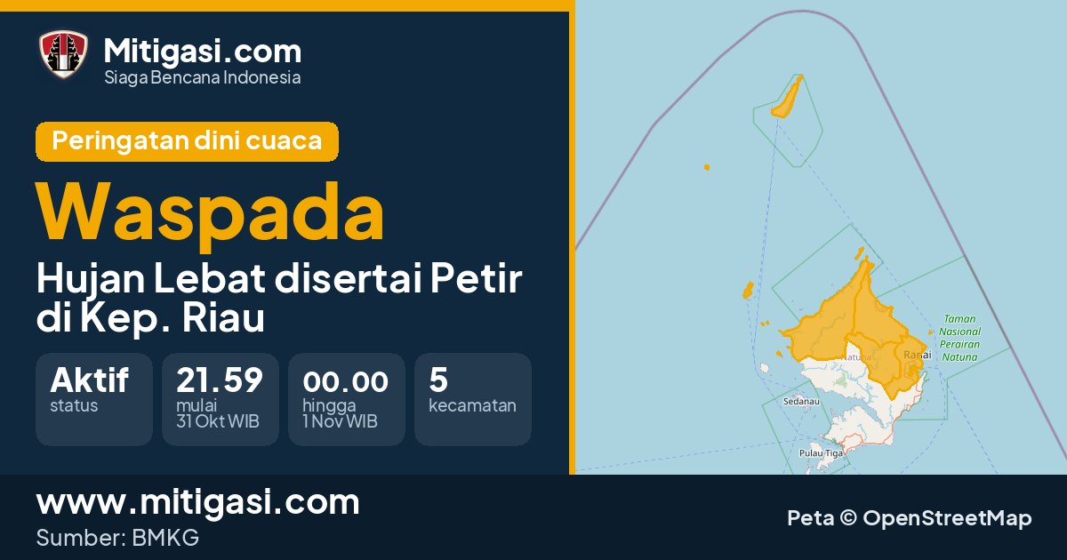 Peringatan dini cuaca BMKG tingkat Waspada di Kep. Riau. (Mitigasi.com/data BMKG)