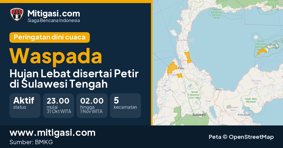 Peringatan dini cuaca BMKG tingkat Waspada di Sulawesi Tengah. (Mitigasi.com/data BMKG)