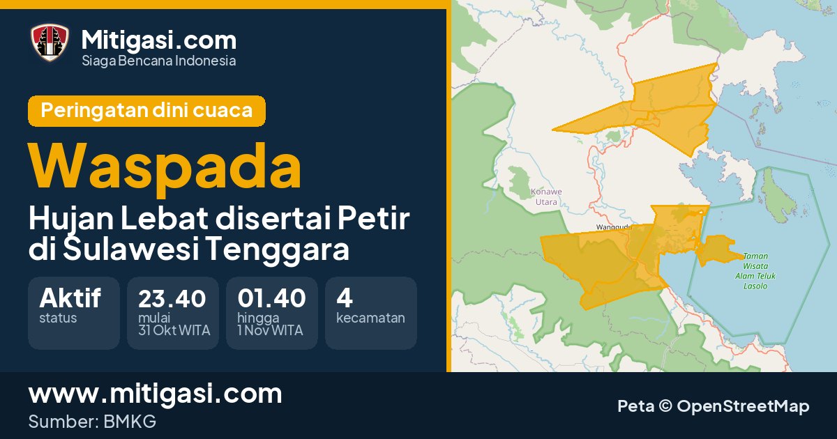 Peringatan dini cuaca BMKG tingkat Waspada di Sulawesi Tenggara. (Mitigasi.com/data BMKG)