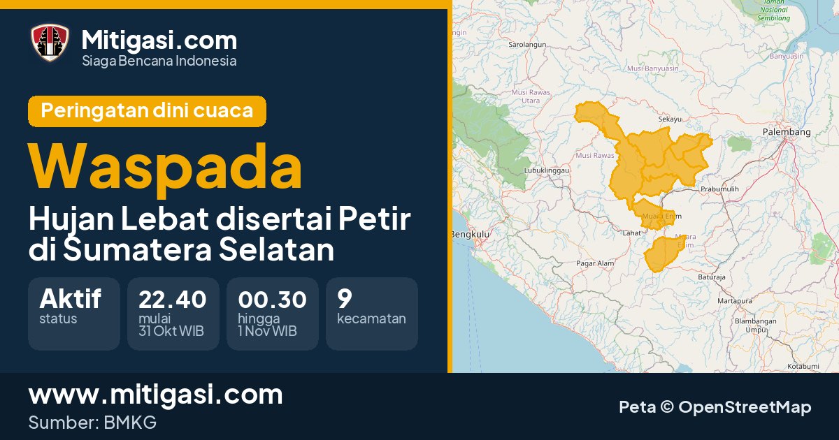 Peringatan dini cuaca BMKG tingkat Waspada di Sumatera Selatan. (Mitigasi.com/data BMKG)