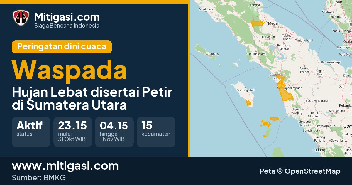 Peringatan dini cuaca BMKG tingkat Waspada di Sumatera Utara. (Mitigasi.com/data BMKG)