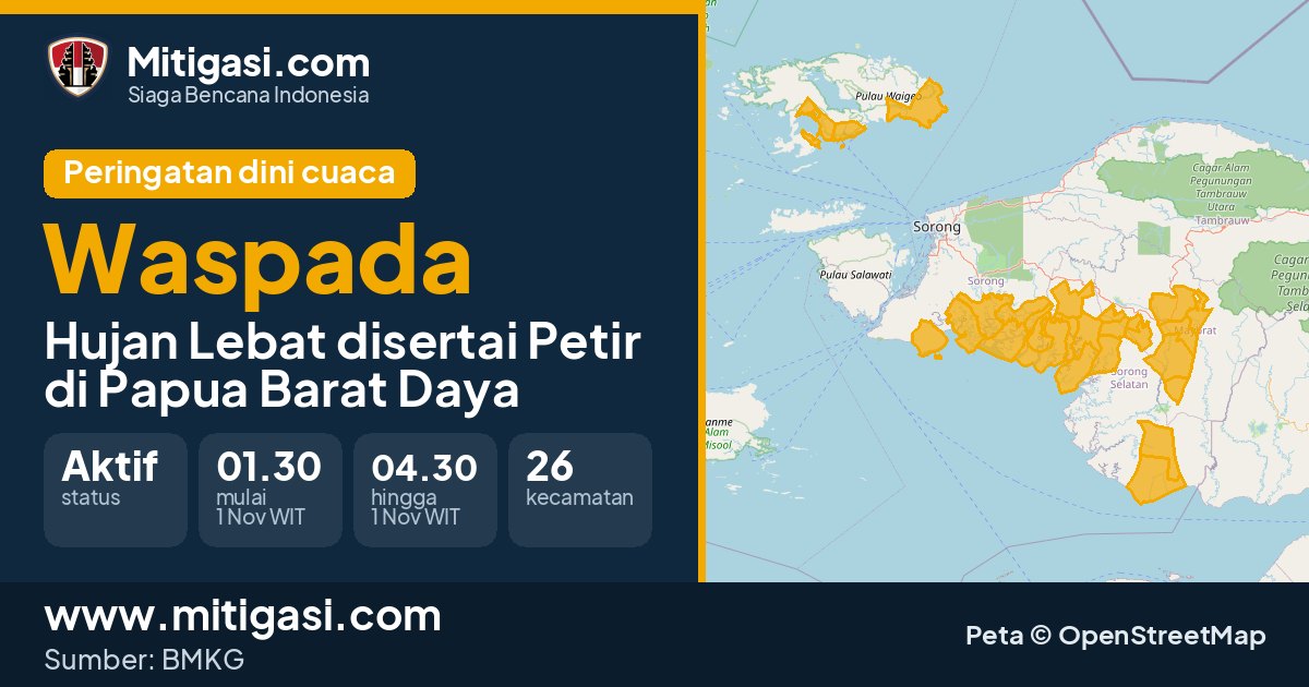 Peringatan dini cuaca BMKG tingkat Waspada di Papua Barat Daya. (Mitigasi.com/data BMKG)