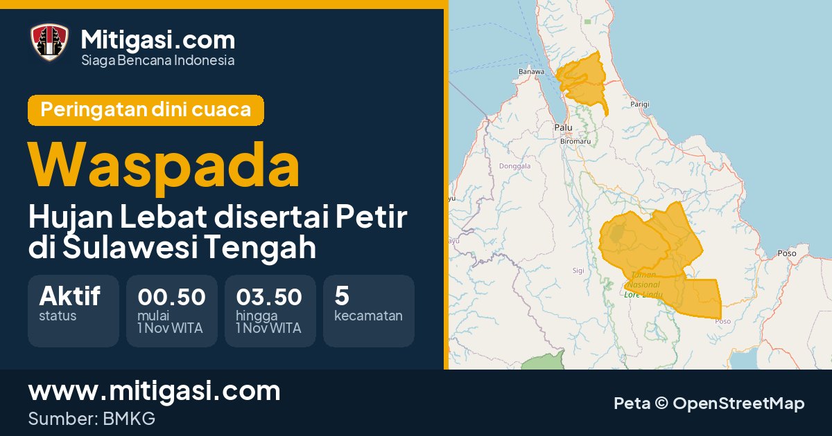 Peringatan dini cuaca BMKG tingkat Waspada di Sulawesi Tengah. (Mitigasi.com/data BMKG)