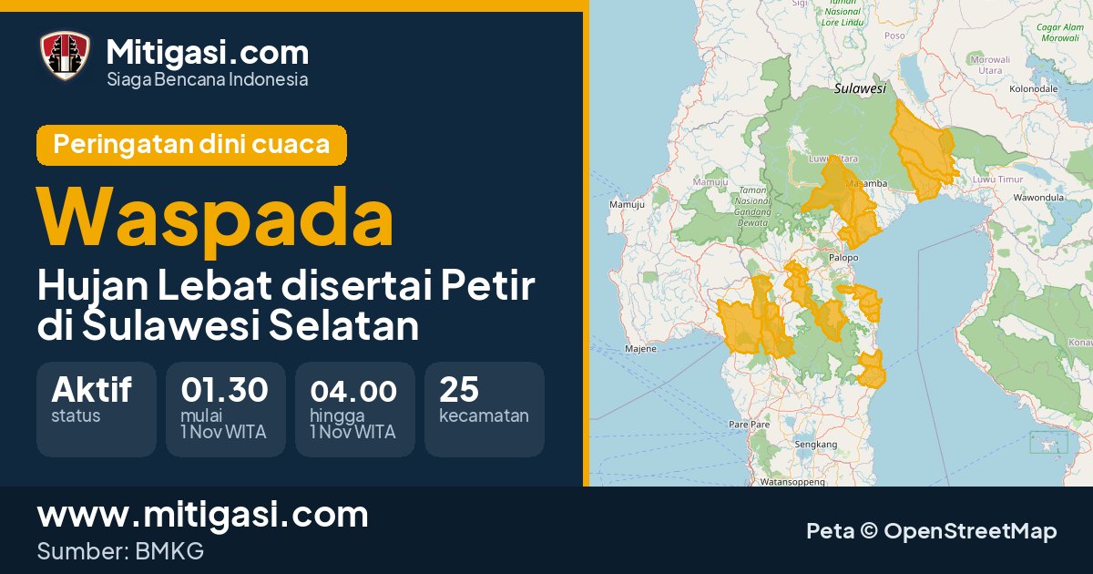 Peringatan dini cuaca BMKG tingkat Waspada di Sulawesi Selatan. (Mitigasi.com/data BMKG)