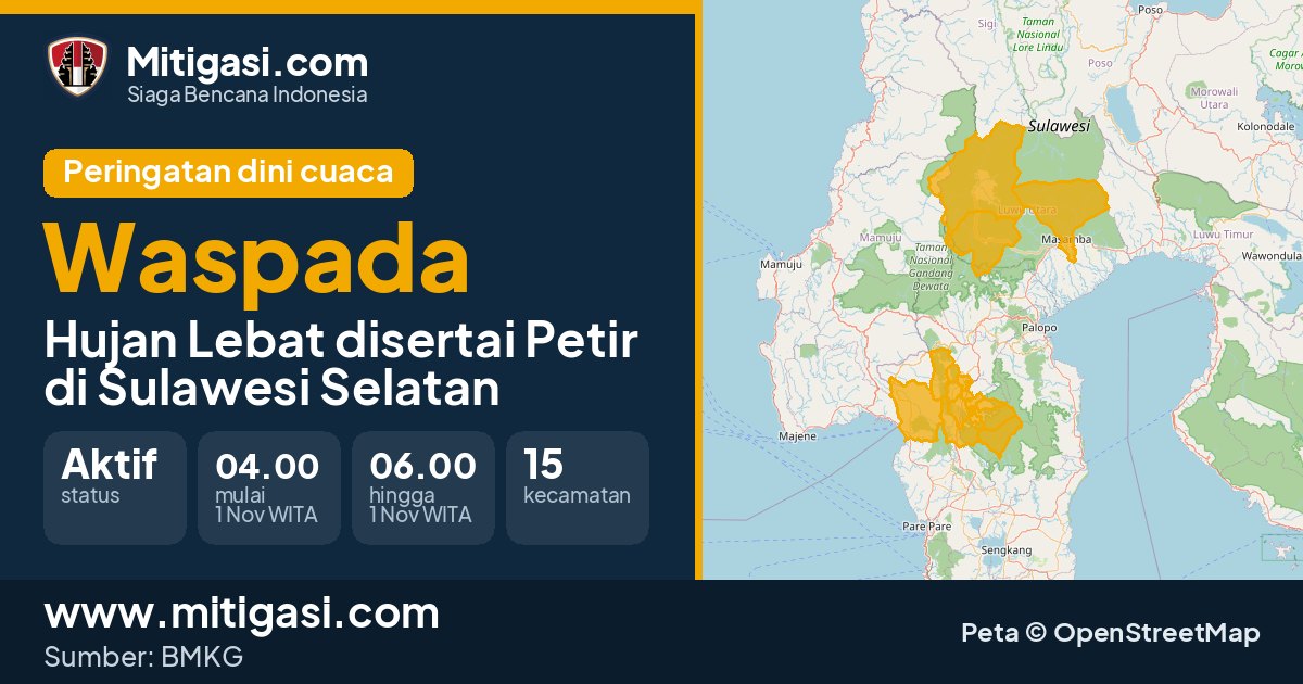 Peringatan dini cuaca BMKG tingkat Waspada di Sulawesi Selatan. (Mitigasi.com/data BMKG)