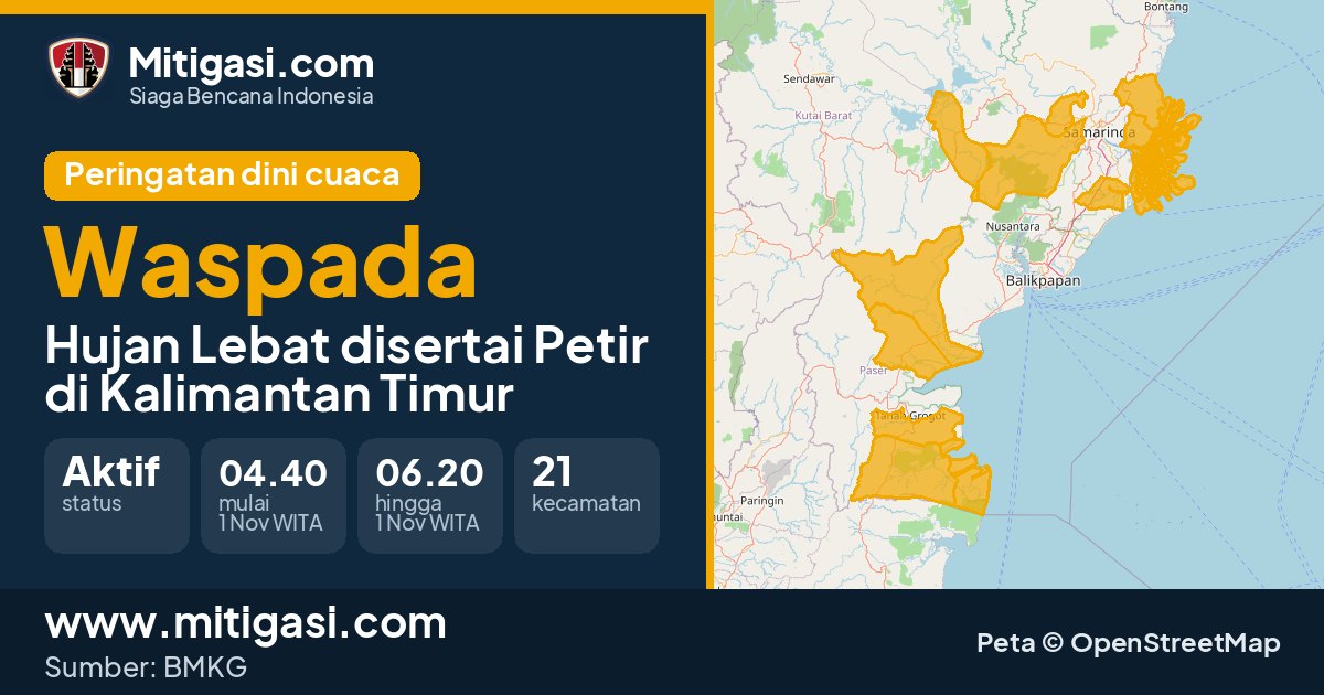 Peringatan dini cuaca BMKG tingkat Waspada di Kalimantan Timur. (Mitigasi.com/data BMKG)