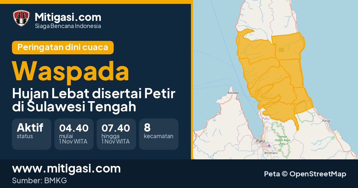 Peringatan dini cuaca BMKG tingkat Waspada di Sulawesi Tengah. (Mitigasi.com/data BMKG)