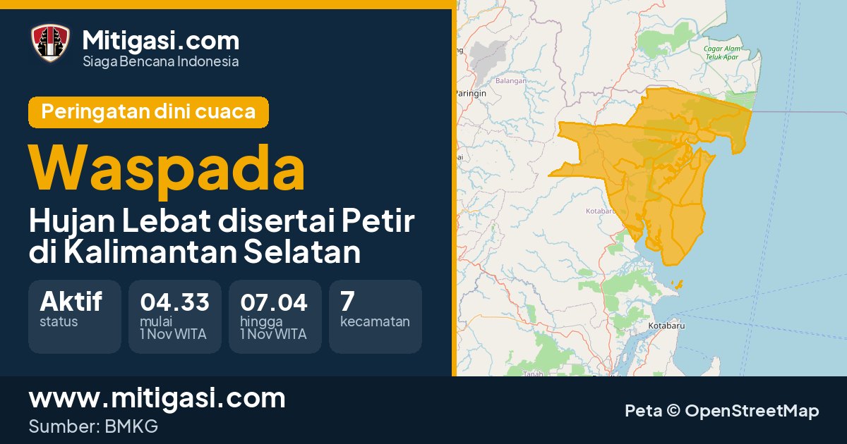 Peringatan dini cuaca BMKG tingkat Waspada di Kalimantan Selatan. (Mitigasi.com/data BMKG)