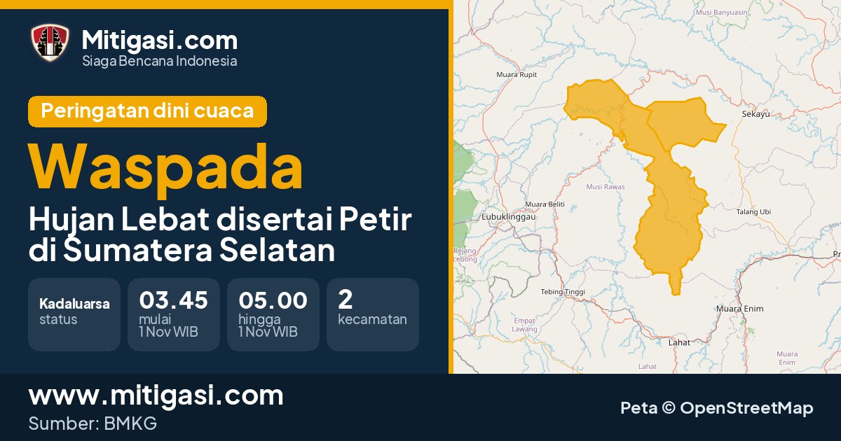 Peringatan dini cuaca BMKG tingkat Waspada di Sumatera Selatan. (Mitigasi.com/data BMKG)
